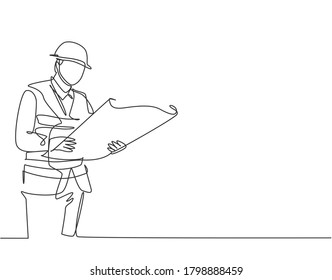 One continuous line drawing of young foreman manager controlling the construction of building. Building architecture business concept. Single line draw vector graphic design illustration