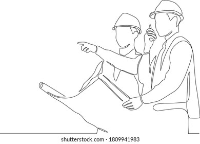 Un dibujo de línea continua de un joven coordinador de construcción discutiendo el plan de construcción a un miembro del equipo. Construyendo el concepto de negocios de arquitectura. 
