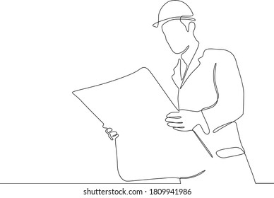 One continuous line drawing of young construction coordinator discussing construction design plan to team member. Building architecture business concept. 