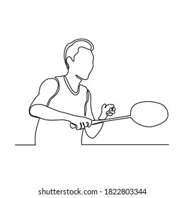 One continuous line drawing of young badminton player hit shuttlecock with racket. Competitive sport concept. 