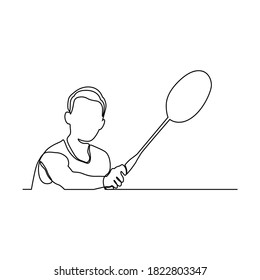 One continuous line drawing of young badminton player hit shuttlecock with racket. Competitive sport concept. 