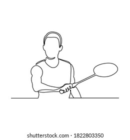 One continuous line drawing of young badminton player hit shuttlecock with racket. Competitive sport concept. 