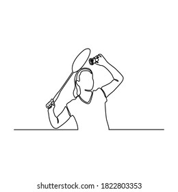 One continuous line drawing of young badminton player hit shuttlecock with racket. Competitive sport concept. 