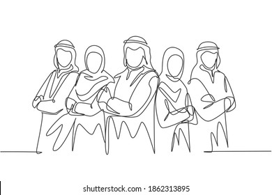 One continuous line drawing of young muslim businesspeople line up neatly with crossing hands on chest. Islamic clothing shemag, kandura, scarf, hijab. Single line draw design vector illustration