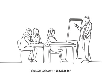 One continuous line drawing of young muslim business coach teaching how to start business without capital. Islamic clothing shemag, kandura, scarf keffiyeh. Single line draw design vector illustration