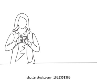 One continuous line drawing of young female employee thinking solution to finish her work while take a office break. Drinking coffee or tea concept single line draw vector graphic design illustration