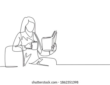 One Continuous Line Drawing Of Young Happy Female Office Worker Leaning On Ottoman Sofa While Reading A Novel Book Story. Drinking Tea Concept Single Line Draw Graphic Design Vector Illustration