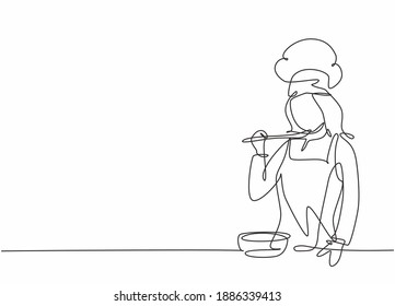 One continuous line drawing of young female chef tasting and smelling soup curry with wooden spoon. Healthy food preparation on commercial kitchen concept single line draw design vector illustration