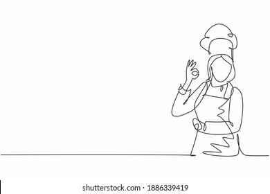 One continuous line drawing of young female chef pose casually while giving excellent food taste gesture. Restaurant banner concept single line draw design vector illustration with white background