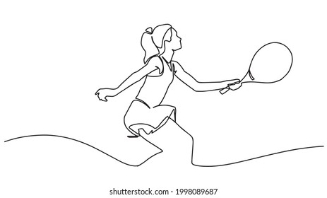 One continuous line drawing young happy female tennis player hit the opponent's ball  Competitive sport concept  One single line drawing young energetic female tennis player hold the ball vector