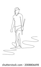 One continuous line drawing of young woman standing on golf course on a summer day. Leisure sport concept. Dynamic single line draw design vector illustration graphic for tournament promotion media