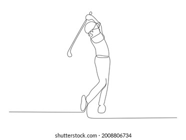 One continuous line drawing of young man standing on golf course on a summer day. Leisure sport concept. Dynamic single line draw design vector illustration graphic for tournament promotion