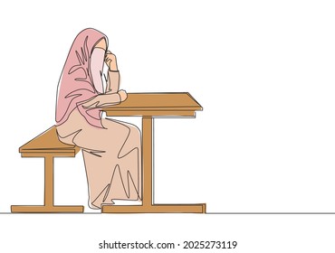 One continuous line drawing of young happy attractive muslimah wearing burqa sitting on chair wair for friend. Traditional Islamic woman niqab dress concept single line draw design vector illustration