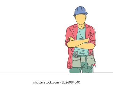 One continuous line drawing of young attractive handyman pose crossing hands on chest. Building construction service concept single line draw design illustration