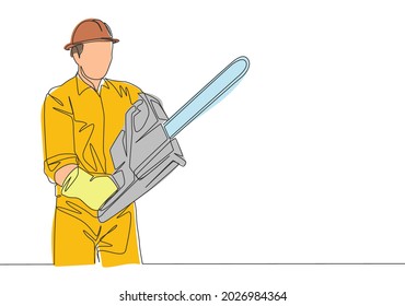 One continuous line drawing of young attractive woodworker holding big chainsaw to cut the tree. Lumberjack cutting wood concept 
Single line draw design illustration