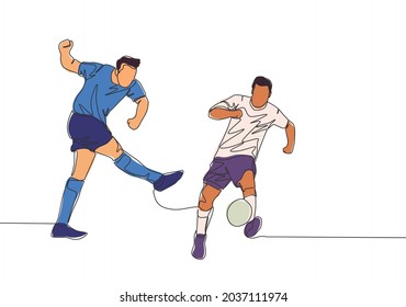 One continuous line drawing of young football striker shooting the ball and the defender blocking the ball. Soccer match sports concept. Single line draw design vector illustration