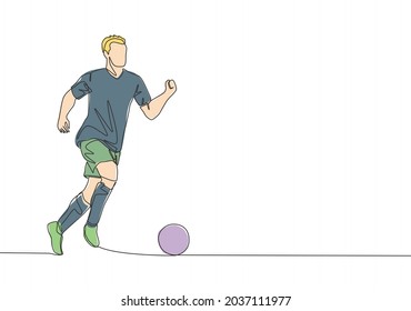 One continuous line drawing of young energetic football player dribbling and controlling the ball at the game. Soccer match sports concept. Single line draw design vector illustration