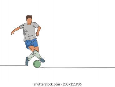 One continuous line drawing of young energetic football player controlling and dribbling the ball at the game. Soccer match sports concept. Single line draw design vector illustration