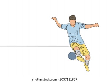 One continuous line drawing of young talented football player controlling the ball with his right foot. Soccer match sports concept. Single line draw design vector illustration