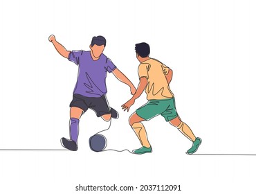 Un contínuo dibujo de una joven y enérgica pelota de balonmano de fútbol pasa por el defensor del oponente. El concepto de deporte de partidos de fútbol. Ilustración vectorial de diseño de líneas simples