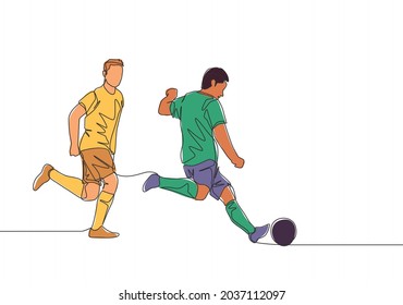 One continuous line drawing of young energetic football player kicking the ball to pass to his teammates. Soccer match sports concept. Single line draw design vector illustration