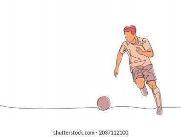 One continuous line drawing of young energetic football player dribbling the ball to the opponent area. Soccer match sports concept. Single line draw design vector illustration