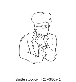 One continuous line drawing of young happy business man use a wristwatch. concept single line sign draw design vector illustration
