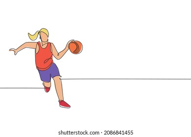 Un dibujo continuo de una joven jugador de baloncesto corriendo y rodando una pelota. Concepto deportivo de equipo competitivo. Dibujo de línea única dinámica gráfico de ilustración vectorial para afiches deportivos