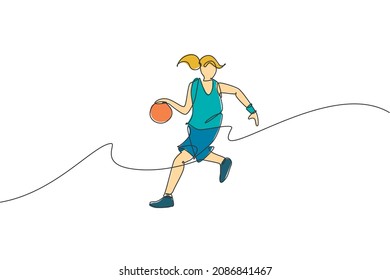 One continuous line drawing of young agile basketball woman player dribbling the ball. Teamwork competitive sport concept. Dynamic single line draw design vector illustration for tournament poster