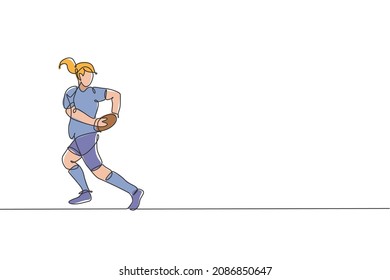 One continuous line drawing of young rugby player catch the ball and avoid opponent. Competitive aggressive sport concept. Dynamic single line draw design vector illustration for tournament promotion