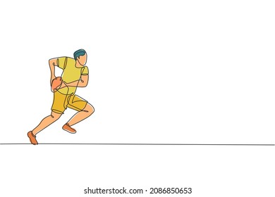 One continuous line drawing of young rugby player catch and defend the ball. Competitive aggressive sport concept. Dynamic single line draw design vector illustration for tournament promotion media