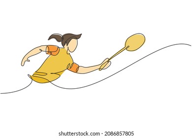 One continuous line drawing of young badminton player hit shuttlecock with racket. Competitive sport concept. Dynamic single line draw design vector illustration for tournament match promotion poster