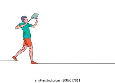 Un dibujo de línea continua de un joven jugador de bádminton listo para golpear el cargador con raqueta. Concepto deportivo. Dibujo de línea única dinámica ilustración vectorial para el póster de promoción de partidos de torneo