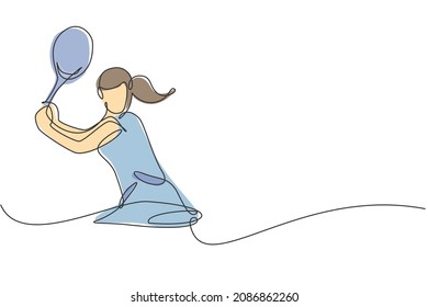 One continuous line drawing of young happy woman tennis player concentrate hit the ball. Competitive sport concept. Dynamic single line draw design vector illustration for tournament promotion poster