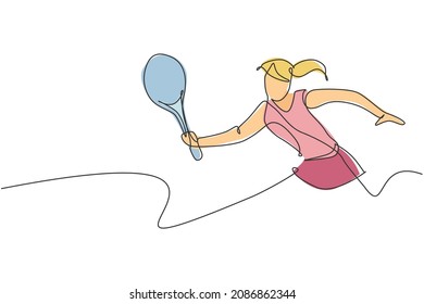 One continuous line drawing of young happy female tennis player run and hit the ball. Competitive sport concept. Dynamic single line draw design vector illustration for tournament promotion poster