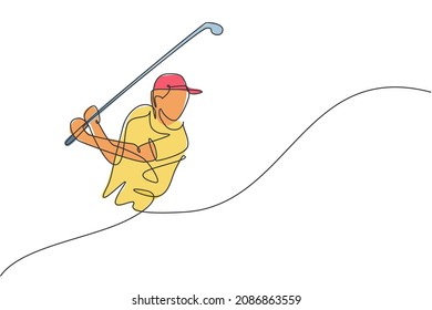 One continuous line drawing of young golf player swing golf club and hit the ball. Leisure sport concept. Dynamic single line draw design vector illustration graphic for tournament promotion media