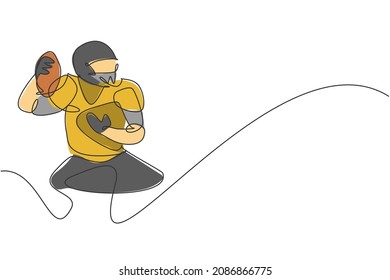 One continuous line drawing of young attractive american football player ready to pass the ball for competition poster. Sport teamwork concept. Dynamic single line draw design vector illustration