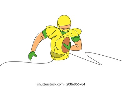 One continuous line drawing of young happy man american football player running and hold the ball for competition poster. Sport teamwork concept. Dynamic single line draw design vector illustration