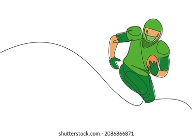 One continuous line drawing of young happy man american football player running and holding the ball for competition poster. Sport teamwork concept. Dynamic single line draw design vector illustration