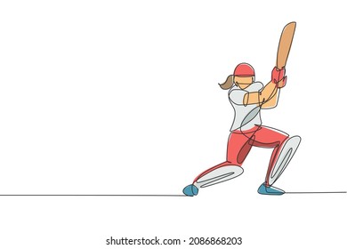 One continuous line drawing of young happy woman cricket player focus to hit the ball at field vector illustration. Competitive sport concept. Dynamic single line draw design for advertisement poster