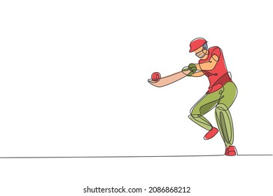 One continuous line drawing of young happy man cricket player focus to hit the ball hard vector illustration. Competitive sport concept. Dynamic single line draw design for sport advertisement poster