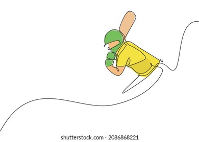 One continuous line drawing of young healthy man cricket player stance at field stadium vector illustration. Competitive sport concept. Dynamic single line draw design for cricket advertisement poster