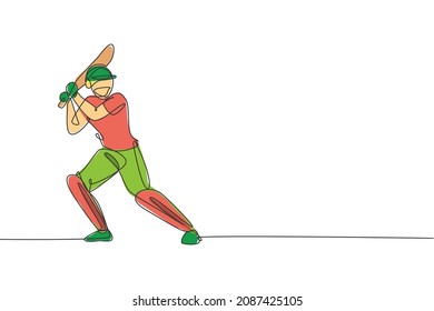 Un dibujo continuo de un joven jugador de críquet alegre que practica la ilustración vectorial del balancín. Concepto deportivo competitivo. Diseño dinámico de dibujo de una sola línea para afiche publicitario