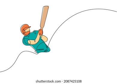 One Continuous Line Drawing Of Young Happy Man Cricket Player Focus To Train Cricket Bat Swing Vector Illustration. Competitive Sport Concept. Dynamic Single Line Draw Design For Advertisement Poster