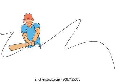 One continuous line drawing of young happy man cricket player hit the ball to home run vector illustration. Competitive sport concept. Dynamic single line draw design for cricket advertisement poster