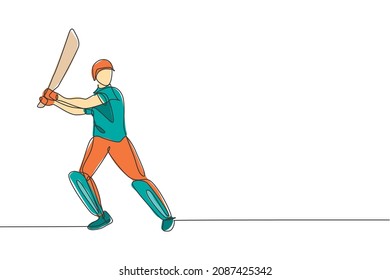 One continuous line drawing of young happy woman cricket player stance standing to hit the ball vector illustration. Competitive sport concept. Dynamic single line draw design for advertisement poster