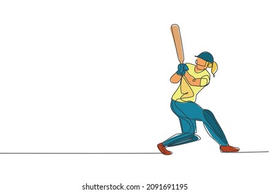 One continuous line drawing of young woman cricket player focus practice to swing cricket bat vector illustration. Competitive sport concept. Dynamic single line draw design for advertisement poster