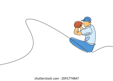 One continuous line drawing young sporty man baseball player throw the ball seriously fast. Competitive sport concept. Dynamic single line draw design graphic vector illustration for promotion poster
