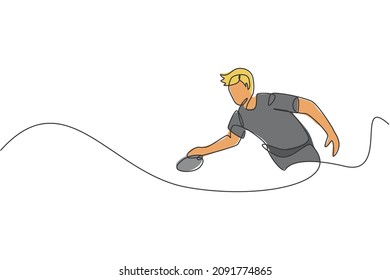 One continuous line drawing of young sporty man table tennis player focus to practice. Competitive sport concept. Single line draw design vector graphic illustration for ping pong championship poster