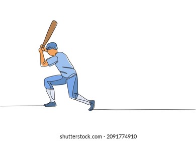 One continuous line drawing of young sporty man baseball player practice to hit the ball at court. Competitive sport concept. Dynamic single line draw design vector illustration for promotion poster